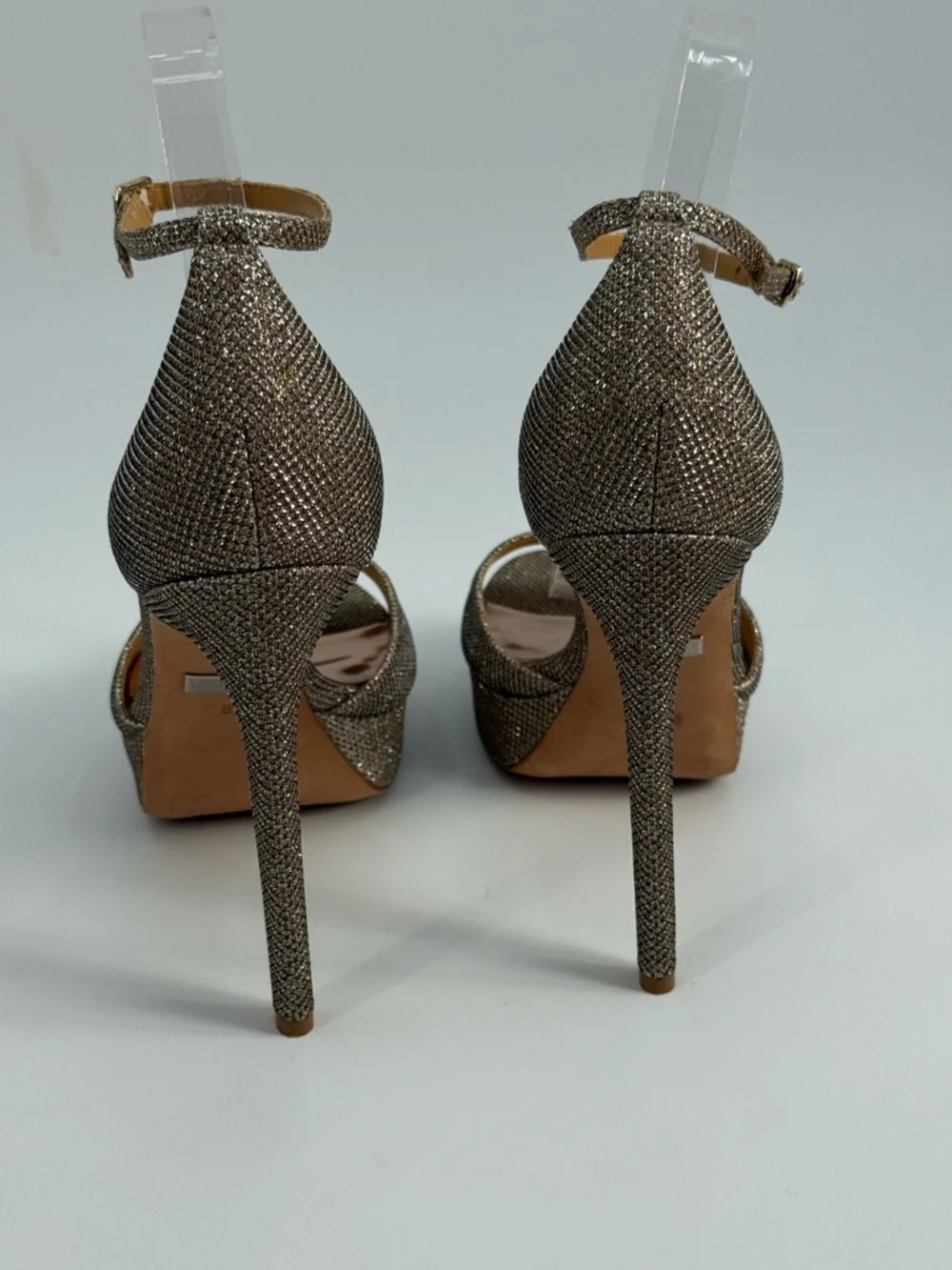 Badgley Mischka Gold Glitter Platform Stiletto Heels Ankle Strap Evening SZ 9